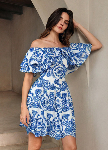 Синее кэжуал платье с открытыми плечами SHEIN с орнаментом