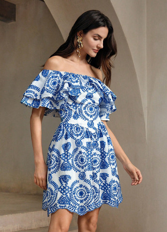 Синее кэжуал платье с открытыми плечами SHEIN с орнаментом