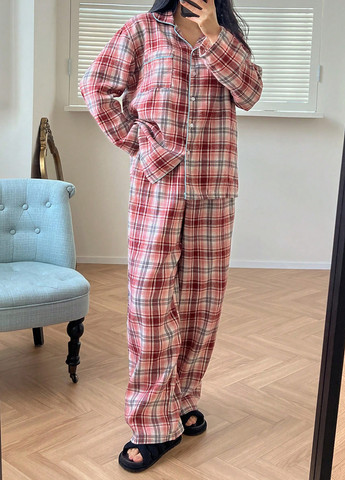 Красная всесезон пижама (рубашка, брюки) рубашка + брюки SHEIN