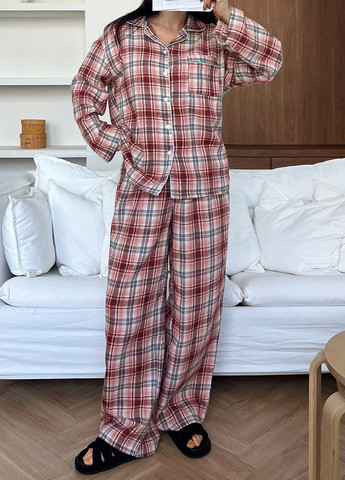 Красная всесезон пижама (рубашка, брюки) рубашка + брюки SHEIN