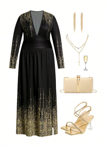 Золотой вечернее платье в стиле ампир SHEIN однотонное