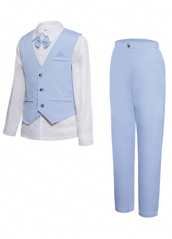 Светло-голубой демисезонный костюм (жилет, рубашка, брюки, бабочка) с рубашкой, тройка, брючный SHEIN