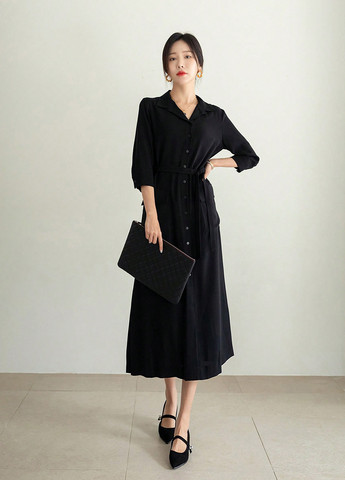 Черное праздничный, кэжуал платье а-силуэт, рубашка SHEIN однотонное