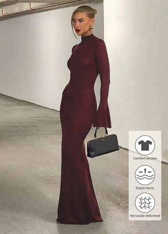 Бордова святковий, вечірня сукня а-силует, сукня-водолазка SHEIN однотонна