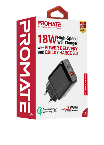 Мережевий зарядний пристрій PowerCube-2 18Вт Type-C PD + USB QC3.0 Black Promate powercube-2.black (185445535)