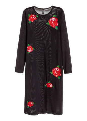 Черное кэжуал платье платье-водолазка H&M с цветочным принтом