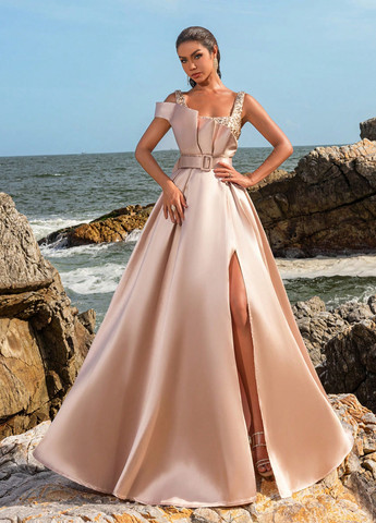 Кремова вечірня сукня з спідницею-сонце SHEIN однотонна