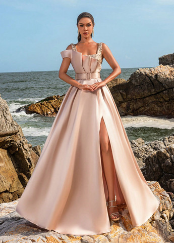 Кремова вечірня сукня з спідницею-сонце SHEIN однотонна