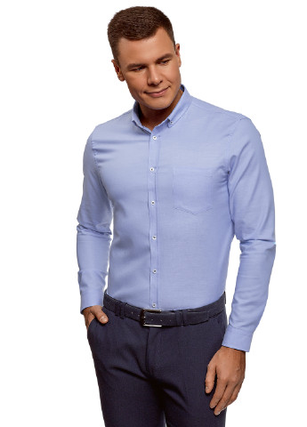 Голубой классическая рубашка однотонная Oodji с длинным рукавом