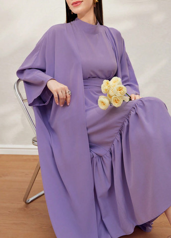 Бузкова кежуал комплект (накидка, сукня) SHEIN однотонна