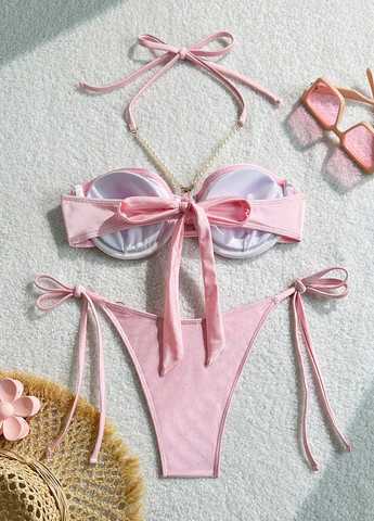 Розовый летний купальник (бюст, трусики) раздельный SHEIN