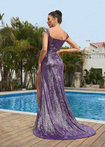 Фиолетовое вечернее платье со шлейфом SHEIN однотонное