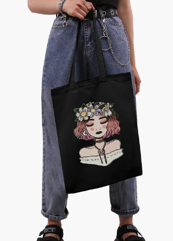 Еко сумка шоппер чорна Дівчина з квітами (Girl with flowers) (9227-2841-BK-1) Еко сумка шоппер чорна 41*35 см MobiPrint (221683058)