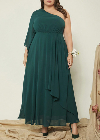 Темно-зеленое вечернее платье с юбкой-солнце, на одно плечо, в стиле ампир SHEIN однотонное