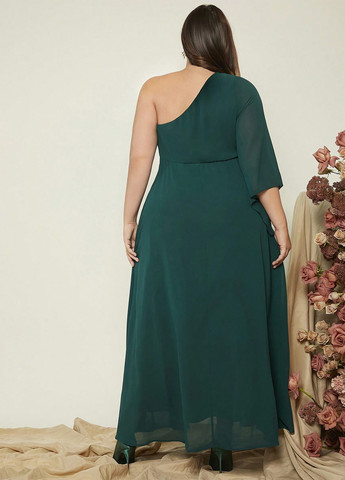 Темно-зеленое вечернее платье с юбкой-солнце, на одно плечо, в стиле ампир SHEIN однотонное