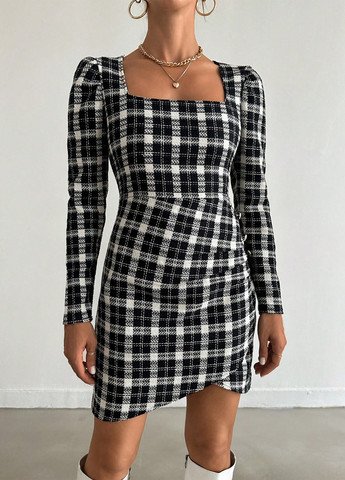 Чорно-білий кежуал, ділова сукня на запах SHEIN в клітинку