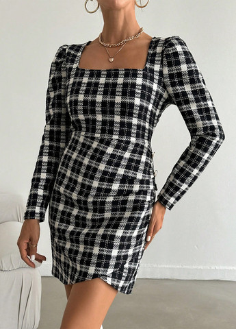 Чорно-білий кежуал, ділова сукня на запах SHEIN в клітинку