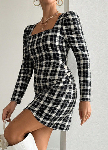 Чорно-білий кежуал, ділова сукня на запах SHEIN в клітинку