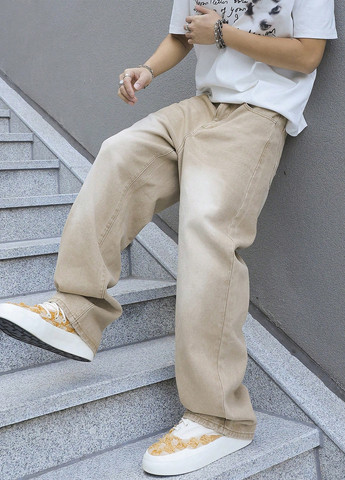 Бежевые демисезонные мешковатые джинсы SHEIN