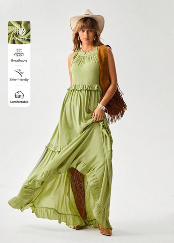 Оливковое кэжуал платье а-силуэт SHEIN однотонное