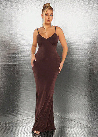 Коричневое вечернее, праздничный платье годе, с открытой спиной SHEIN однотонное