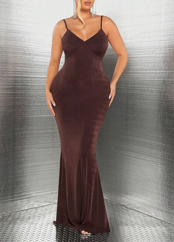 Коричневое вечернее, праздничный платье годе, с открытой спиной SHEIN однотонное