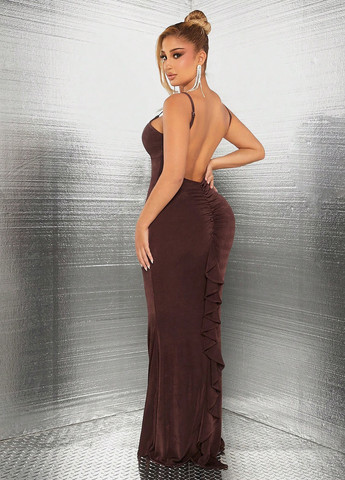 Коричневое вечернее, праздничный платье годе, с открытой спиной SHEIN однотонное