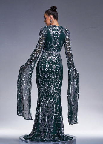 Пляшкова зелена вечірня сукня годе, зі шлейфом SHEIN з малюнком