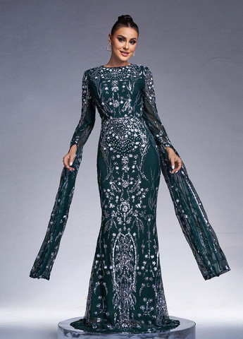 Пляшкова зелена вечірня сукня годе, зі шлейфом SHEIN з малюнком