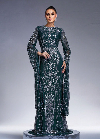 Пляшкова зелена вечірня сукня годе, зі шлейфом SHEIN з малюнком