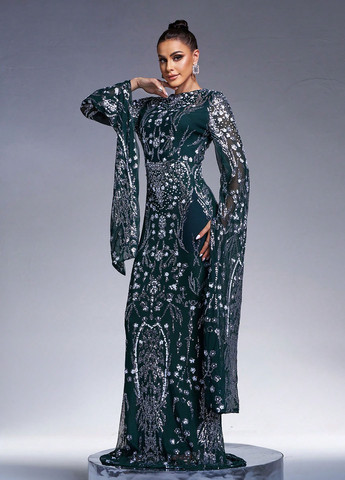 Пляшкова зелена вечірня сукня годе, зі шлейфом SHEIN з малюнком