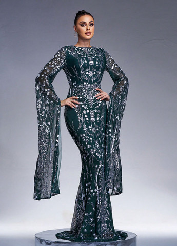 Пляшкова зелена вечірня сукня годе, зі шлейфом SHEIN з малюнком