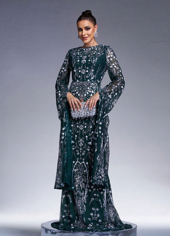 Пляшкова зелена вечірня сукня годе, зі шлейфом SHEIN з малюнком