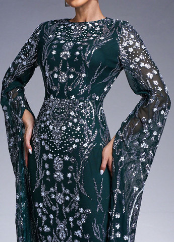 Пляшкова зелена вечірня сукня годе, зі шлейфом SHEIN з малюнком