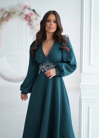Смарагдова святковий, вечірня, кежуал сукня кльош No Brand однотонна