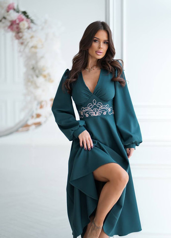 Смарагдова святковий, вечірня, кежуал сукня кльош No Brand однотонна