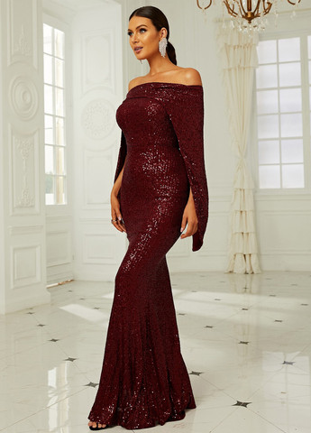 Темно-бордова вечірня сукня сукня-кейп, з відкритими плечима SHEIN однотонна