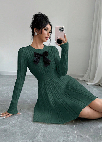 Темно-зеленое праздничный, вечернее, кэжуал платье клеш, а-силуэт, платье-свитер SHEIN однотонное