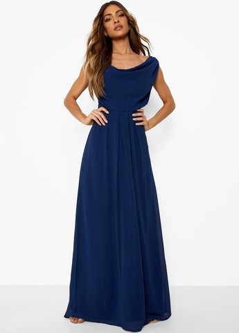 Темно-синее вечернее платье с открытой спиной Boohoo однотонное