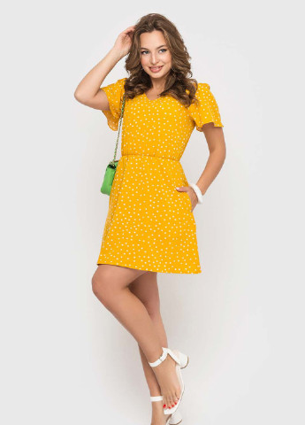 Жовтий кежуал сукня з спідницею-сонце, дзвін BeART в горошок