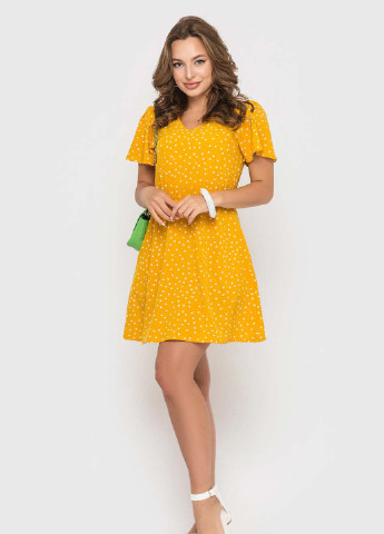 Жовтий кежуал сукня з спідницею-сонце, дзвін BeART в горошок