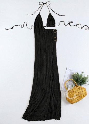 Черное пляжное платье с открытой спиной SHEIN однотонное