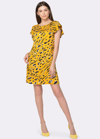 Желтое кэжуал платье Cat Orange с животным (анималистичным) принтом