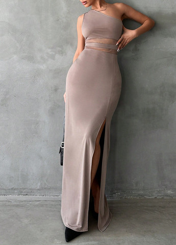 Коричневое кэжуал платье на одно плечо SHEIN однотонное