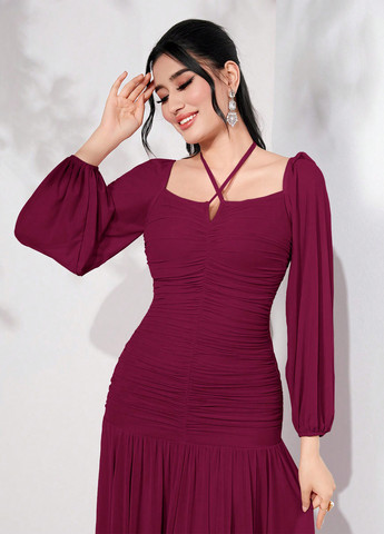 Розовое кэжуал платье плиссированное SHEIN однотонное