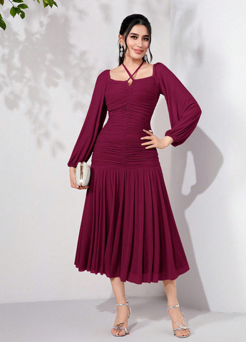 Розовое кэжуал платье плиссированное SHEIN однотонное