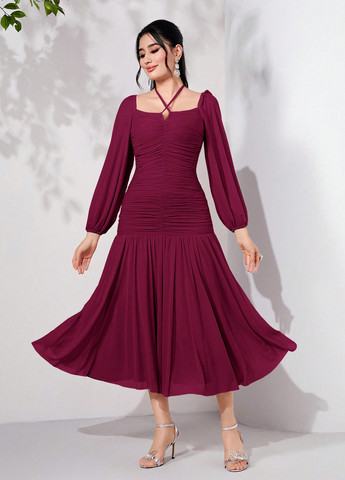 Розовое кэжуал платье плиссированное SHEIN однотонное