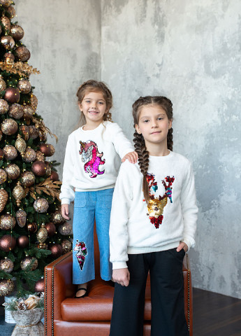 Yumster світшот білий з аплікацією з паєток олень для дівчинки однотонний білий кежуал віскоза