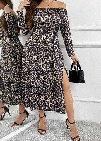 Комбінована кежуал сукня з відкритими плечима, кльош SHEIN леопардовий