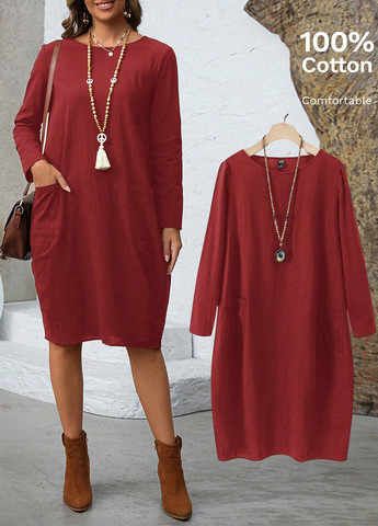 Бордовое кэжуал платье SHEIN однотонное